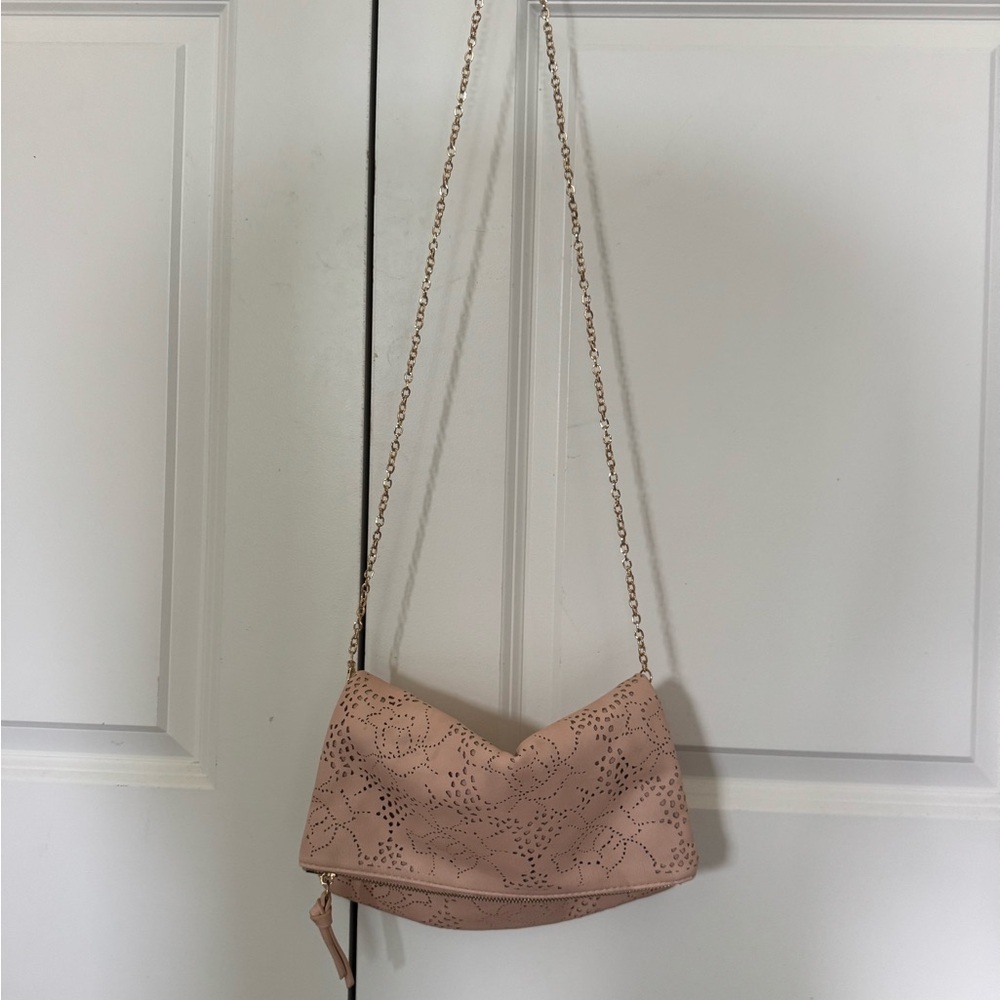 Women’s Pink Floral Laser Cut Faux Leather Messenger Clutch/With Chain Purse